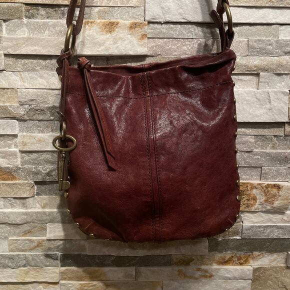 Y2K Fossil Leather Crossbody Bag | Studded Trim, Key Charm, Distressed Brown - Picture 5 of 12